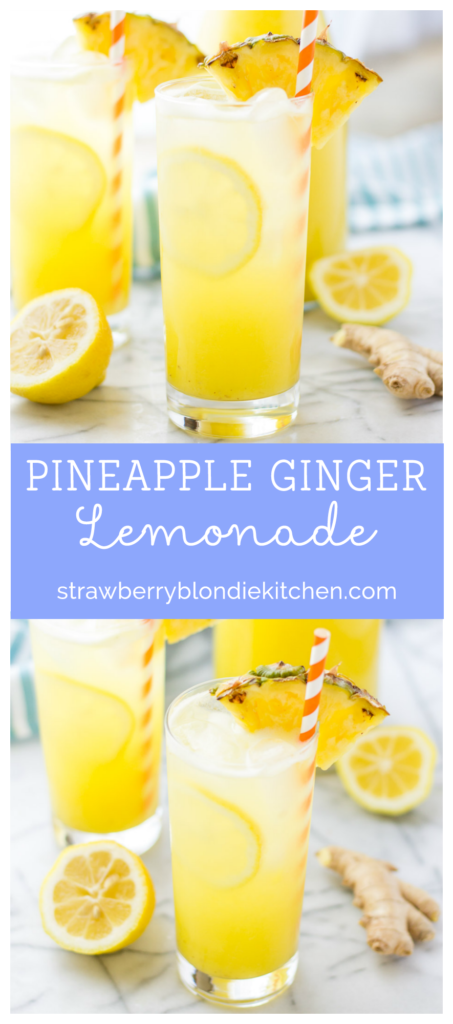 Pineapple pairs with spicy ginger and tart lemonade in sweet harmony to create this Pineapple Ginger Lemonade that is worthy of your next summertime sipper! | Strawberry Blondie Kitchen