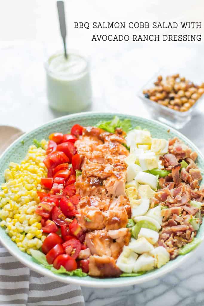 BBQ salmon cobb salad with Avocado Ranch Dressing is bursting with flavors to savor summer! Topped with a delicious crunch from ranch flavored chickpeas it's sure to be your next favorite salad! | Strawberry Blondie Kitchen