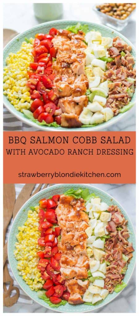 BBQ salmon cobb salad with Avocado Ranch Dressing is bursting with flavors to savor summer! Topped with a delicious crunch from ranch flavored chickpeas it's sure to be your next favorite salad! | Strawberry Blondie Kitchen