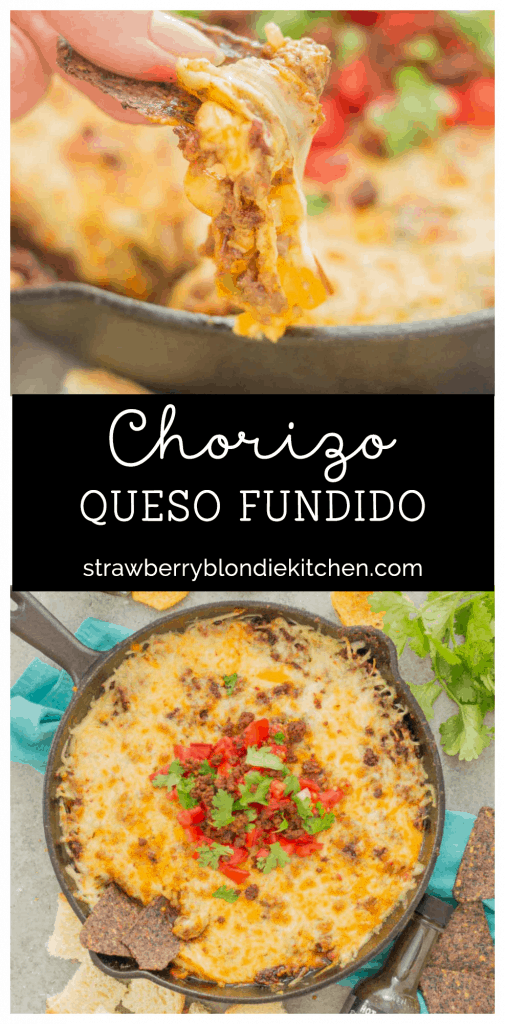 Chorizo Queso Fundido is a delicious and flavorful dip filled with cheeses, chorizo, tequila and El Yucateco® hot sauce.  It's the perfect appetizer for game day and everything in between! | Strawberry Blondie Kitchen