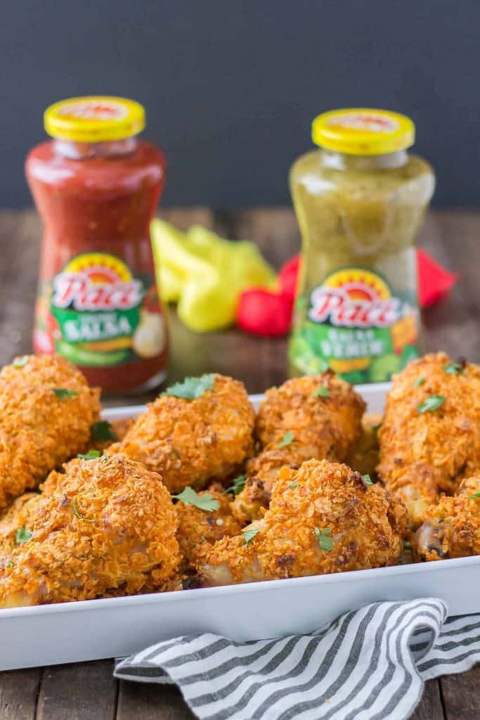 Ban the bland and make game day amazing by heading to Walmart to pick up some Pace® Salsa Verde! Then whip up these Nacho Drumsticks which are crunchy, delicious and a real crowd pleaser! | Strawberry Blondie Kitchen