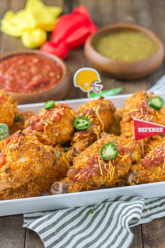 Ban the bland and make game day amazing by heading to Walmart to pick up some Pace® Salsa Verde! Then whip up these Nacho Drumsticks which are crunchy, delicious and a real crowd pleaser! | Strawberry Blondie Kitchen