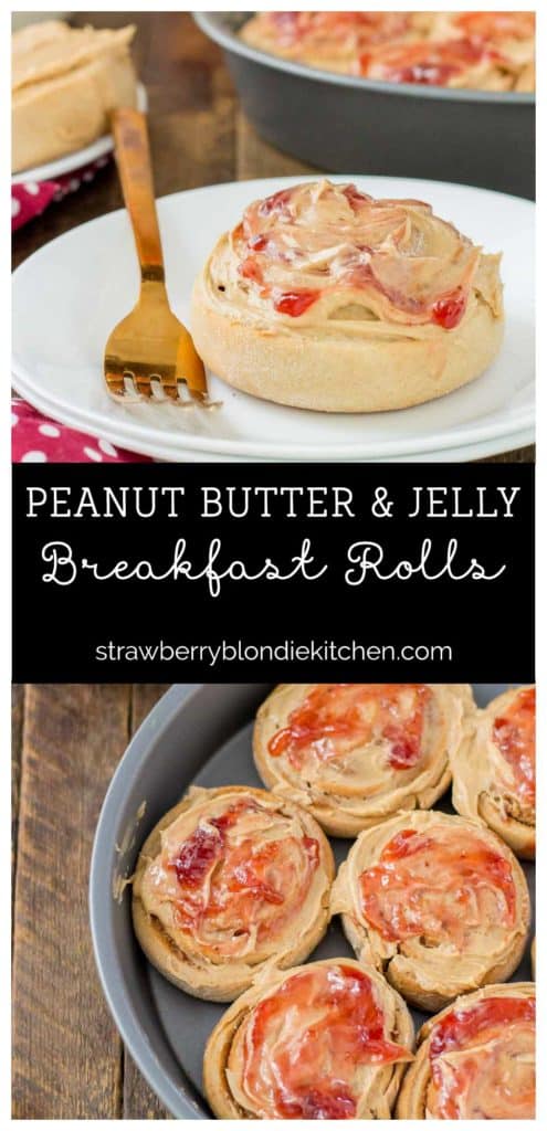 These Peanut Butter and Jelly Breakfast rolls are breakfast bliss.  Peanut butter flavored rolls, stuffed with jelly and topped with a peanut butter frosting are the best breakfast rolls yet! | Strawberry Blondie Kitchen