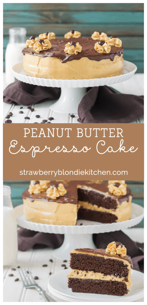 Rich chocolate espresso cakes are layered with Pillsbury™ Peanut Butter Frosting made with real Jif® Peanut Butter to create this Peanut Butter Espresso Cake which is the ultimate cake lover’s dream! | Strawberry Blondie Kitchen