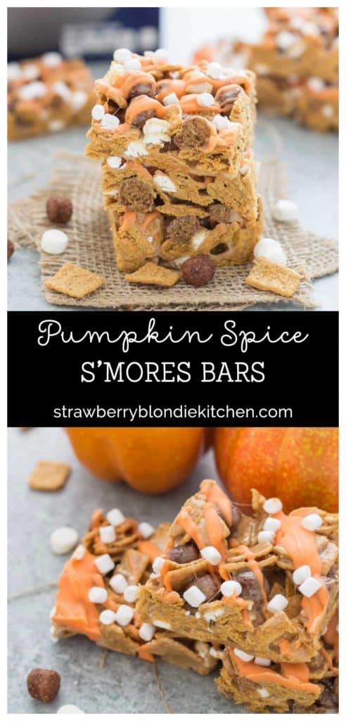 The classic crispy treat you love, turned into a Fall favorite.  These Pumpkin Spice S'mores Bars combine S’mores cereal, warm pumpkin spice seasoning and a delightful drizzle of chocolate and mini marshmallows. | Strawberry Blondie Kitchen