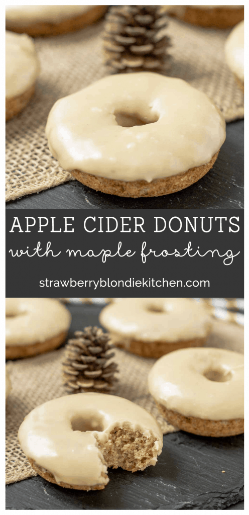 These Apple Cider Donuts with Maple Frosting are perfect on a crisp fall morning with a hot cup of coffee.  They're moist, delicious and bursting with apple and maple flavors. | Strawberry Blondie Kitchen