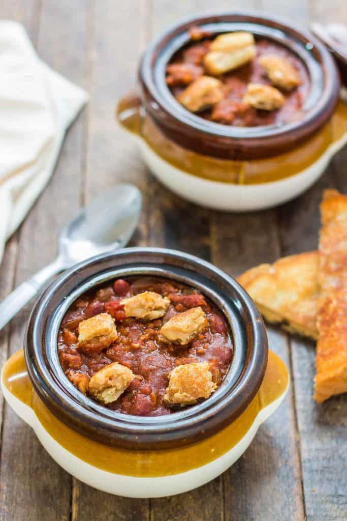 Crockpot Chili with Peanut Butter Sandwich Croutons combines your childhood favorite into one bowl of comforting chili to perfectly warm you to your core this crisp and cool Fall season!  | Strawberry Blondie Kitchen