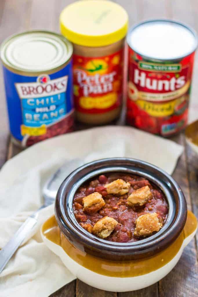 Crockpot Chili with Peanut Butter Sandwich Croutons combines your childhood favorite into one bowl of comforting chili to perfectly warm you to your core this crisp and cool Fall season!  | Strawberry Blondie Kitchen