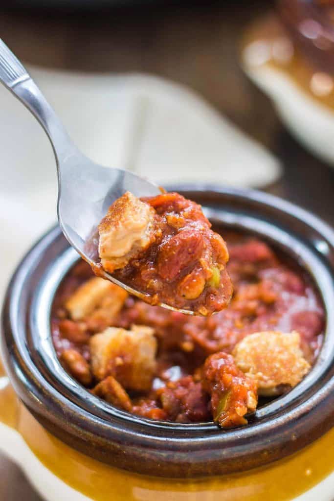 Crockpot Chili with Peanut Butter Sandwich Croutons combines your childhood favorite into one bowl of comforting chili to perfectly warm you to your core this crisp and cool Fall season!  | Strawberry Blondie Kitchen