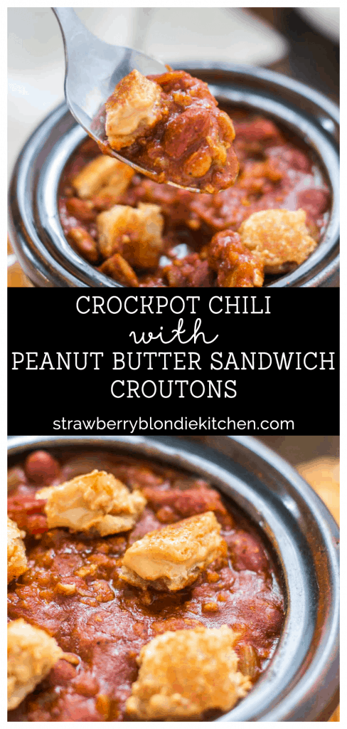Crockpot Chili with Peanut Butter Sandwich Croutons combines your childhood favorite into one bowl of comforting chili to perfectly warm you to your core this crisp and cool Fall season!  | Strawberry Blondie Kitchen