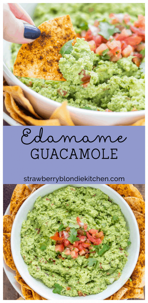 All the flavors you love of guacamole with an added boost of protein and fiber make this Edamame Guacamole super flavorful and a good for you dip. Paired with homemade smoky tortilla chips and you've got one delicious snack. | Strawberry Blondie Kitchen