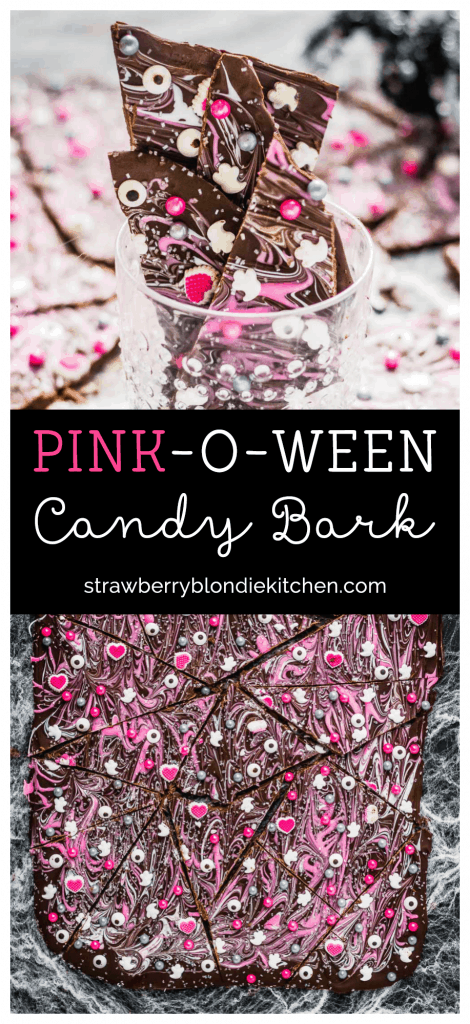 Super pretty and sparkly Halloween colors such as pink, silver and black make this Pink-O-Ween Candy Bark fun and creative.  Share it with the pink lover in your life! ? | Strawberry Blondie Kitchen