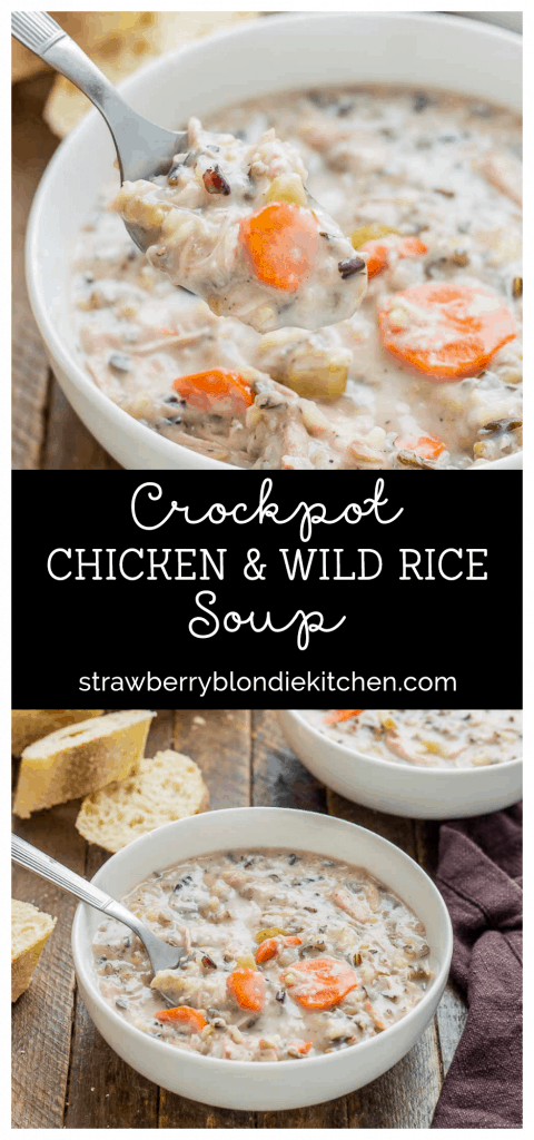 Creamy, delicious and pure comfort food, this healthy Crockpot Chicken and Wild Rice Soup comes together quickly thanks to your slow cooker.  Serve it tonight with some bread for dunking! | Strawberry Blondie Kitchen