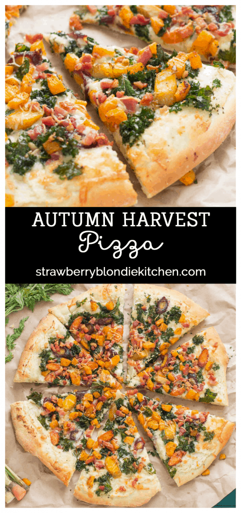 Autumn Harvest Pizza features roasted vegetables; butternut squash, carrots and garlic, buttery cheese, kale and pancetta to give you the best of fall in a fabulously delicious pizza! | Strawberry Blondie Kitchen