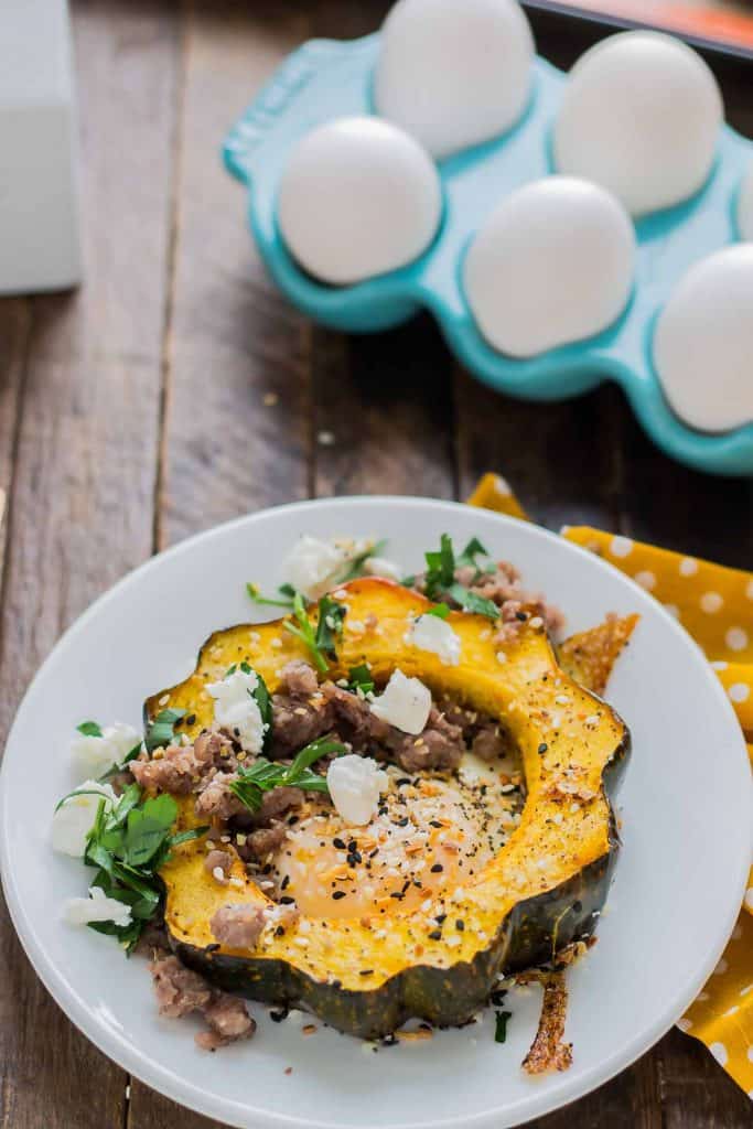 Everything Bagel Squash Egg in the Hole is the BEST breakfast sandwich but in fork and knife form.  Squash, egg, everything bagel seasoning, sausage and goat cheese, it's the ultimate egg in the hole. | Strawberry Blondie Kitchen