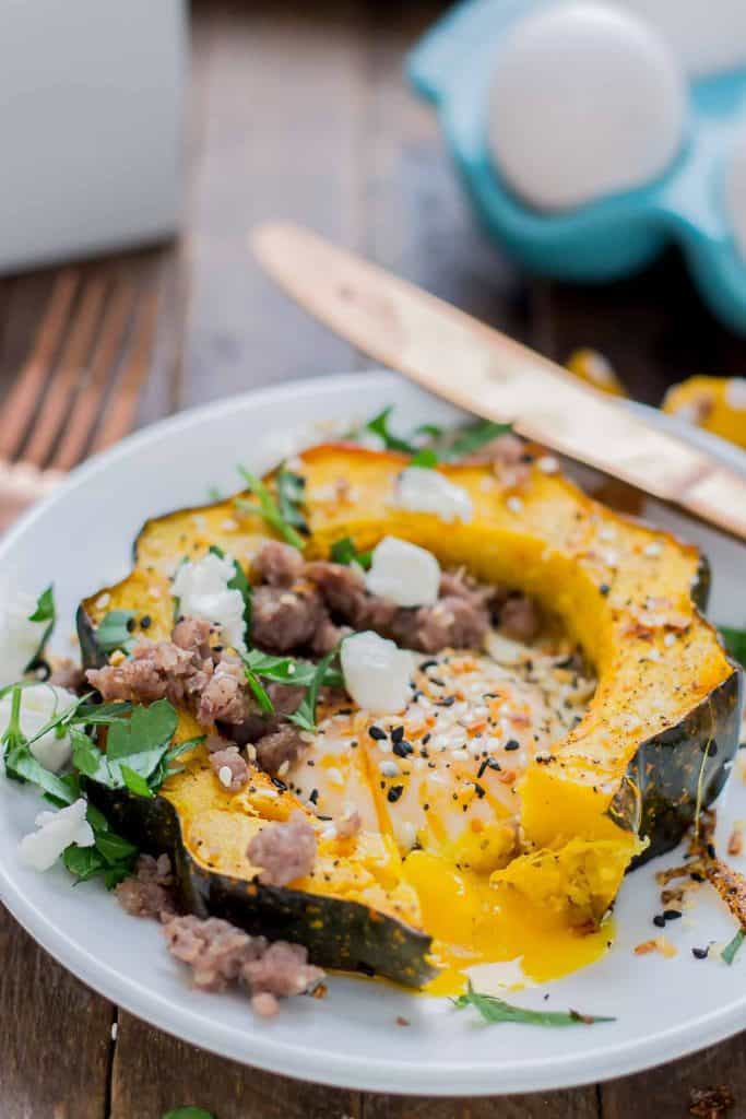 Everything Bagel Squash Egg in the Hole is the BEST breakfast sandwich but in fork and knife form.  Squash, egg, everything bagel seasoning, sausage and goat cheese, it's the ultimate egg in the hole. | Strawberry Blondie Kitchen