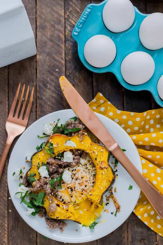 Everything Bagel Squash Egg in the Hole is the BEST breakfast sandwich but in fork and knife form.  Squash, egg, everything bagel seasoning, sausage and goat cheese, it's the ultimate egg in the hole. | Strawberry Blondie Kitchen