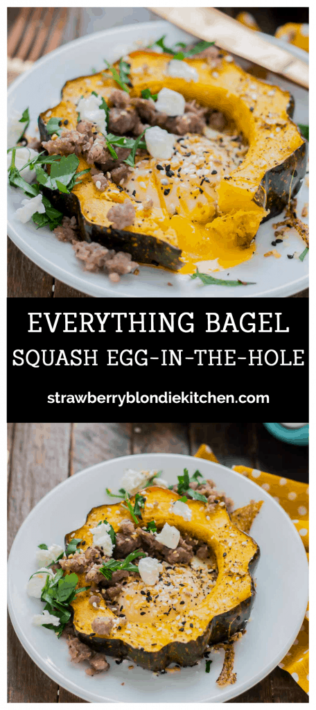 Everything Bagel Squash Egg in the Hole is the BEST breakfast sandwich but in fork and knife form.  Squash, egg, everything bagel seasoning, sausage and goat cheese, it's the ultimate egg in the hole. | Strawberry Blondie Kitchen