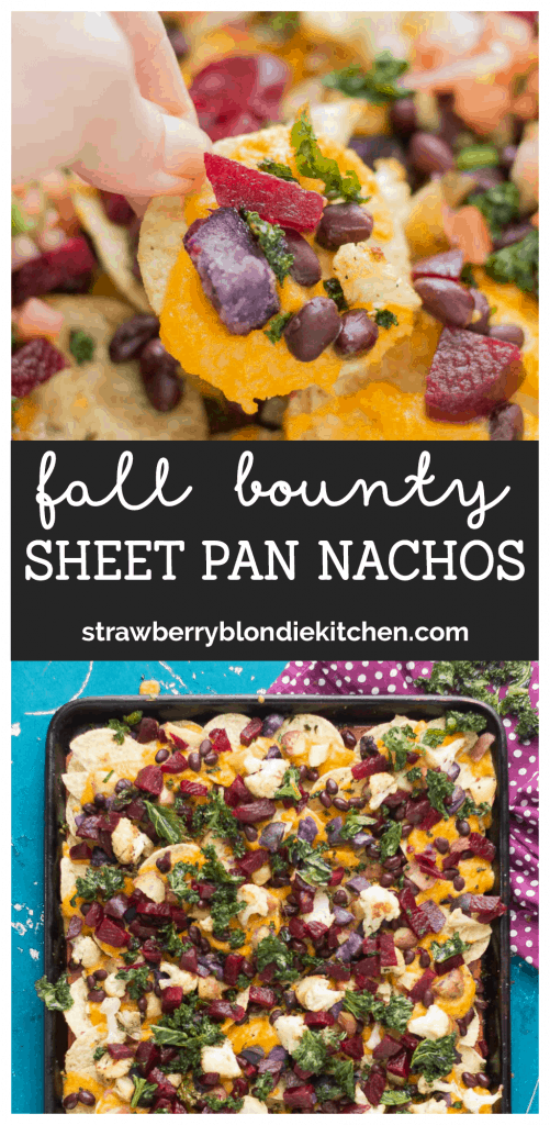 Fall Bounty Sheet Pan Nachos have butternut squash nacho cheese sauce, black beans, kale, roasted cauliflower and beets to give you the ultimate in snacking with all of Fall's delicious produce! | Strawberry Blondie Kitchen