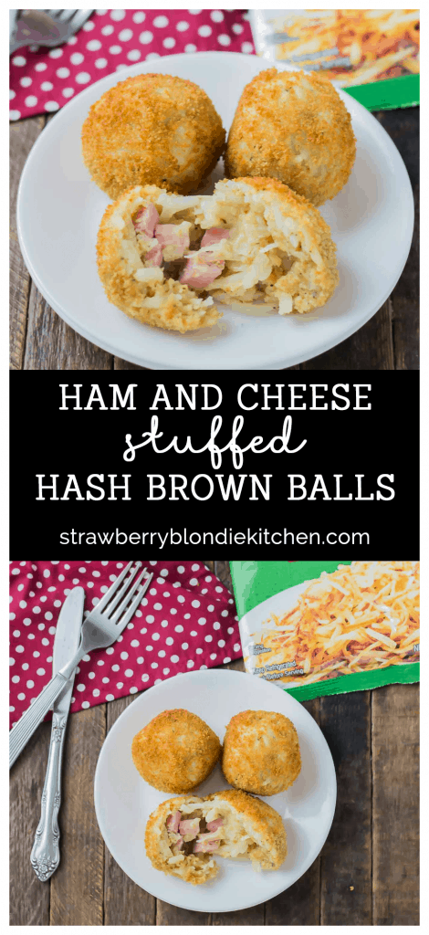 Crispy, crunchy and packed with ham and cheesy goodness, these Ham and Cheese Stuffed Hash Brown Balls should be on your next breakfast and brunch table! | Strawberry Blondie Kitchen