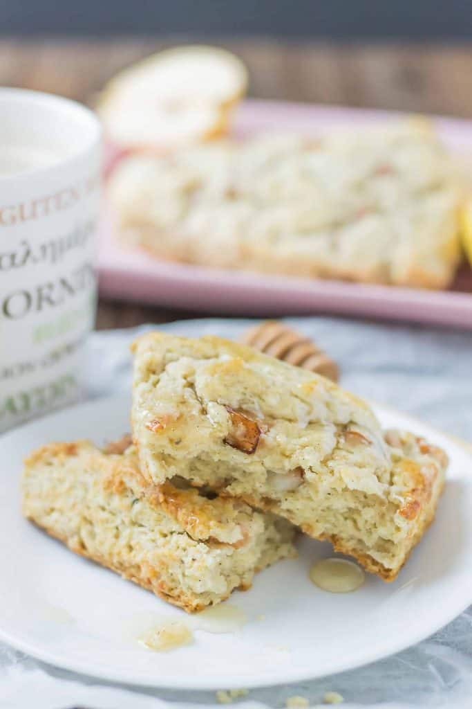 Soft and sweet, with pillows of pear and rich blue cheese and a drizzle of honey, these Pear and Blue Cheese Scones are the perfect pair with your morning cup of coffee! | Strawberry Blondie Kitchen