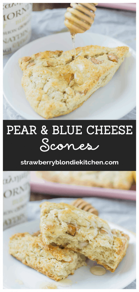 Soft and sweet, with pillows of pear and rich blue cheese and a drizzle of honey, these Pear and Blue Cheese Scones are the perfect pair with your morning cup of coffee! | Strawberry Blondie Kitchen