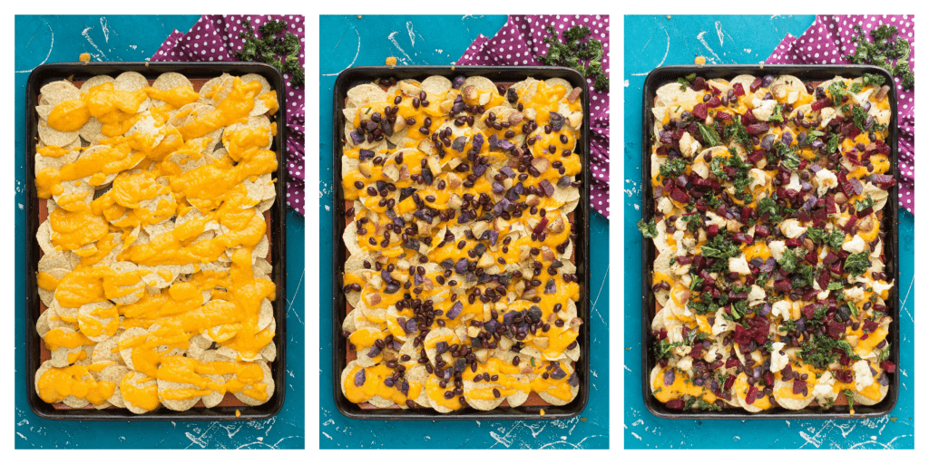 Fall Bounty Sheet Pan Nachos have butternut squash nacho cheese sauce, black beans, kale, roasted cauliflower and beets to give you the ultimate in snacking with all of Fall's delicious produce! | Strawberry Blondie Kitchen