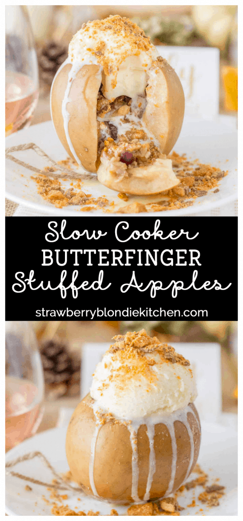 Crisp and sweet Fuji apples, stuffed with crumb topping and Butterfinger brings your Friendsgiving dessert table to the next level! | Strawberry Blondie Kitchen