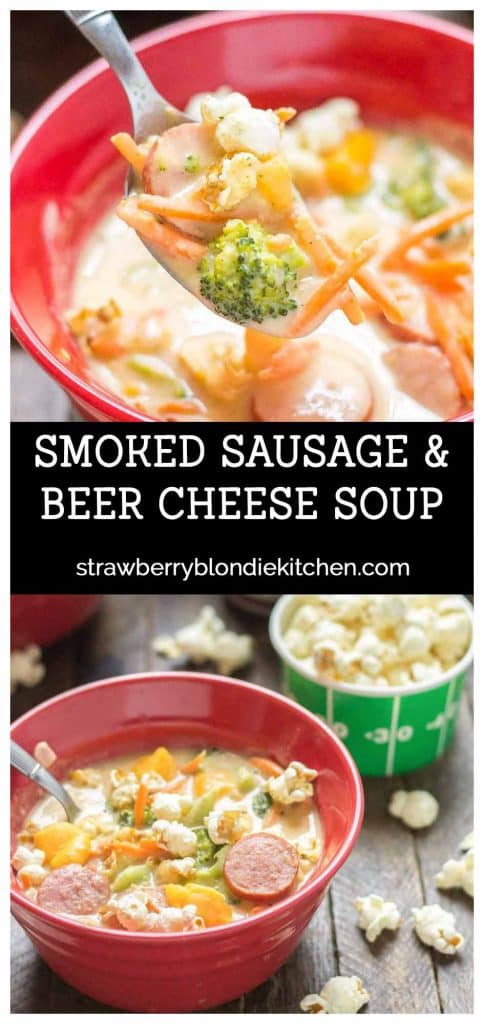 This smoked sausage and beer cheese soup is bursting with smoked sausage, sharp cheddar and beer that’s stick to your ribs hearty and delicious! | Strawberry Blondie Kitchen