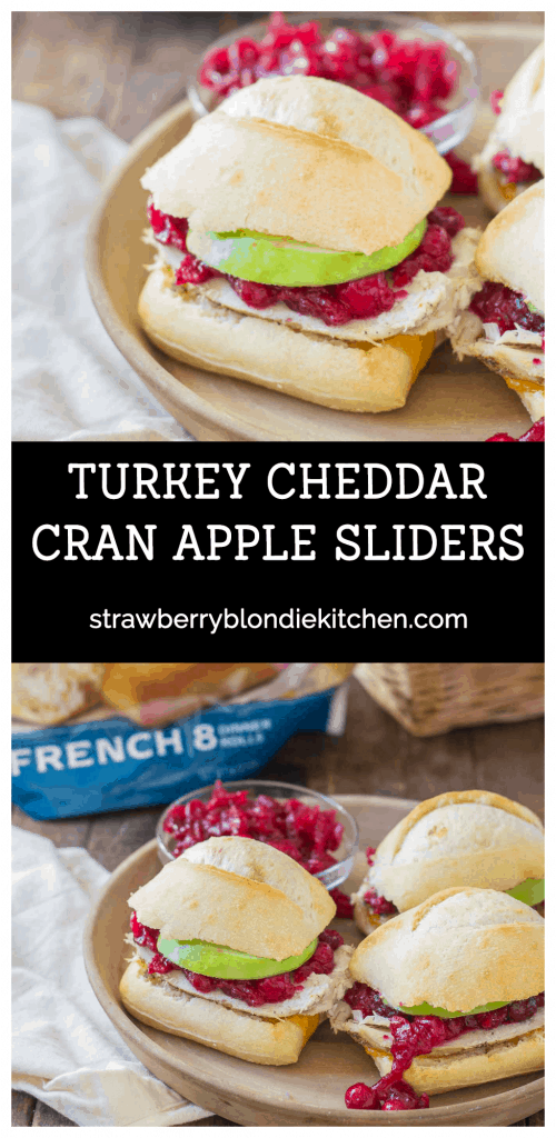 Crispy rolls, smoky turkey and cheese, with tart apples and sweet cranberry sauce come together harmoniously to create these Turkey Cheddar Cran Apple Sliders which are perfect for Thanksgiving leftovers. | Strawberry Blondie Kitchen