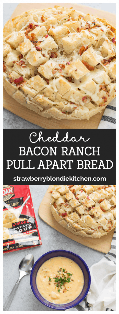 Warm up this season with Idahoan® Steakhouse® Soups and this delicious Cheddar Bacon Ranch Pull Apart Bread.  The perfect winning combination to keep cozy this season. | Strawberry Blondie Kitchen