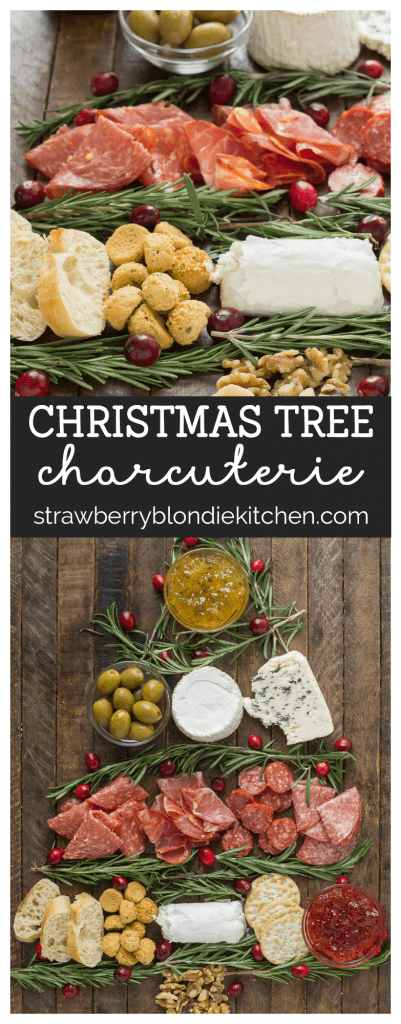 Impress your guests with this Christmas Tree Charcuterie filled with gourmet cheeses, meats and crackers.  The perfect way to start any holiday or cocktail party this season and don't forget the wine! | Strawberry Blondie Kitchen