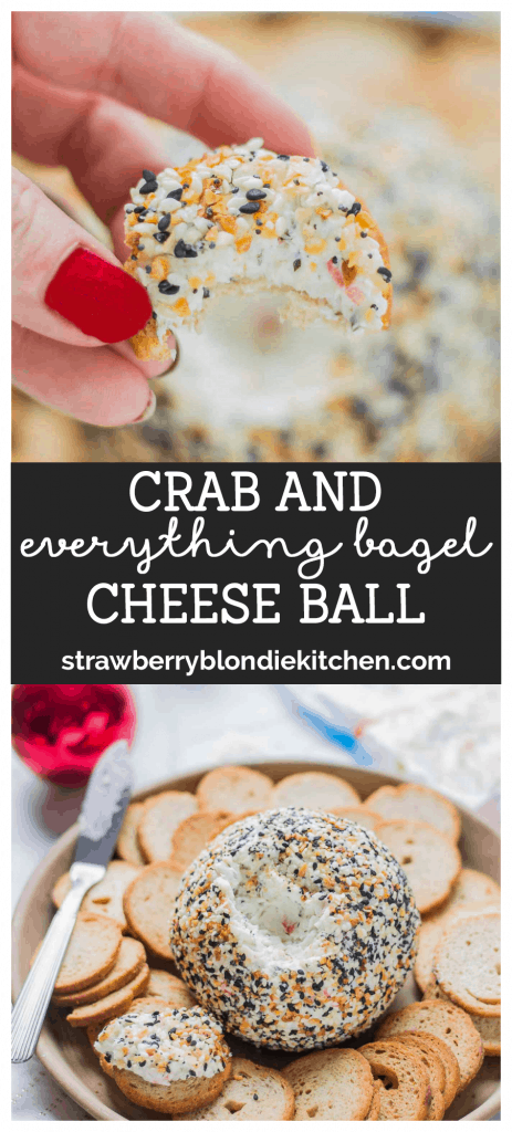 This Crab and Everything Bagel Cheese Ball is packed with crab, fresh herbs and rolled in everything bagel seasoning.  An appetizer worthy of your next get together! | Strawberry Blondie Kitchen