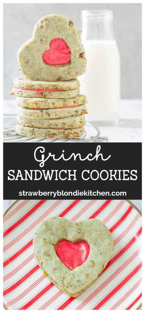 Your heart will grow three sizes with one bite of these Grinch Sandwich Cookies.  Pistachio shortbread cookies, with heart cutouts and red icing pay homage to one of childhood's favorite movies. | Strawberry Blondie Kitchen