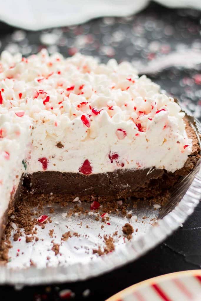 Closeup shot of the inside of the no bake candy cane pie which is rich and decadent in chocolate.