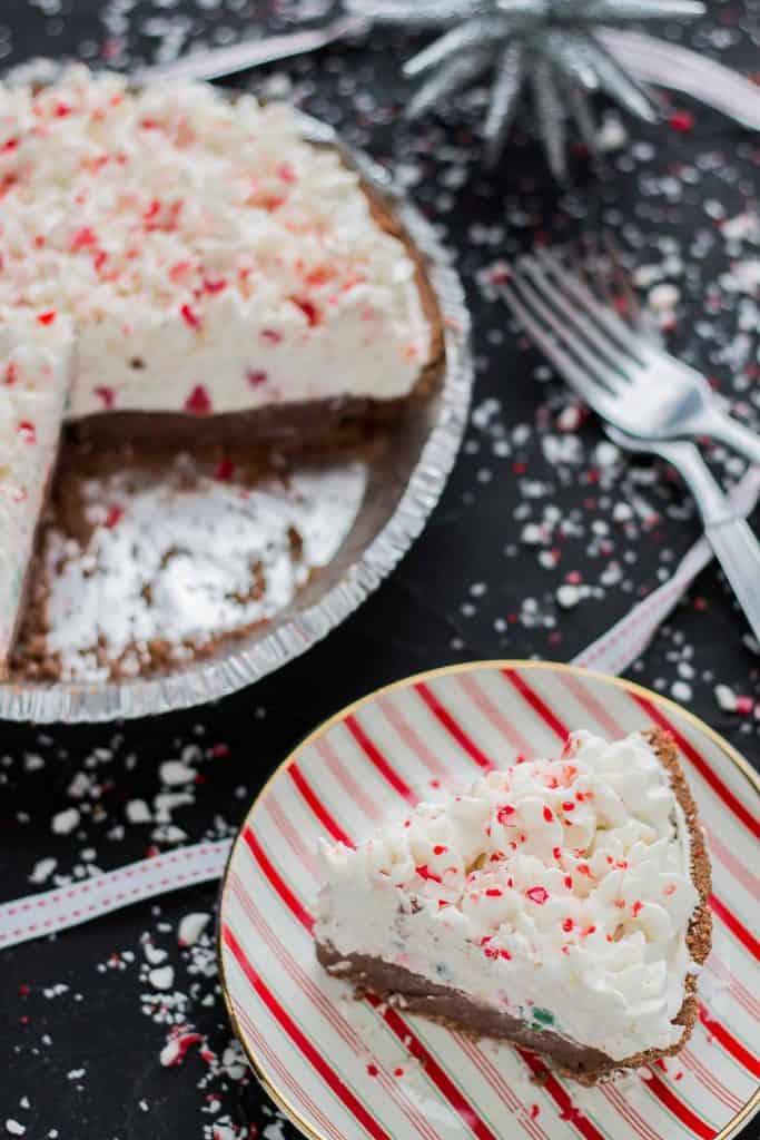 overhead shot of no bake candy cane pie