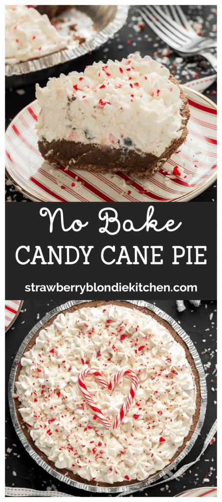Layers of JELL-O chocolate pudding, creamy cream cheese filling and crushed peppermint candies make this No Bake Candy Cane Pie the perfect holiday dessert! | Strawberry Blondie Kitchen