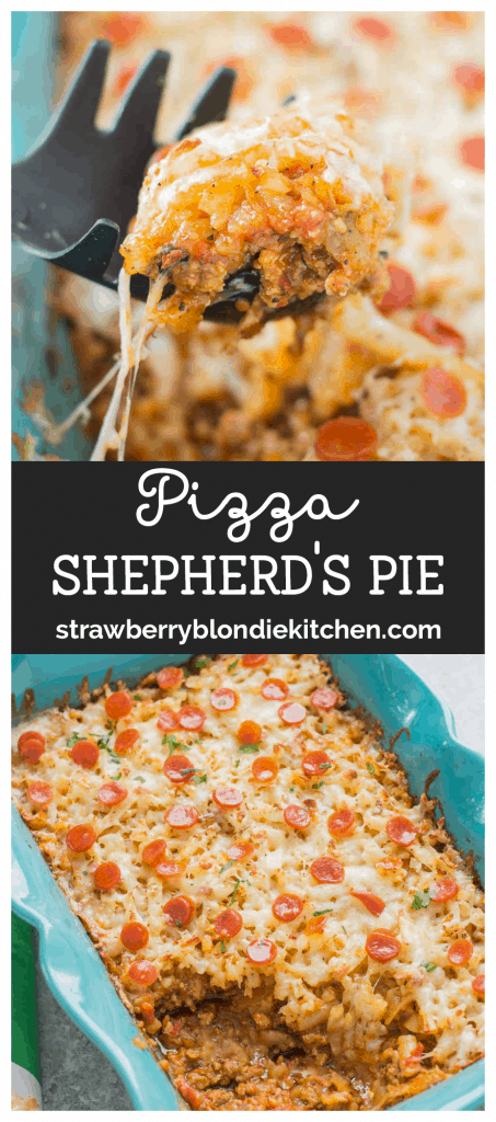 An awesome twist on a classic, this Pizza Shepherd's Pie combines sausage, pepperoni, cheese and hash brown potatoes to give you a hearty casserole worth devouring. | Strawberry Blondie Kitchen