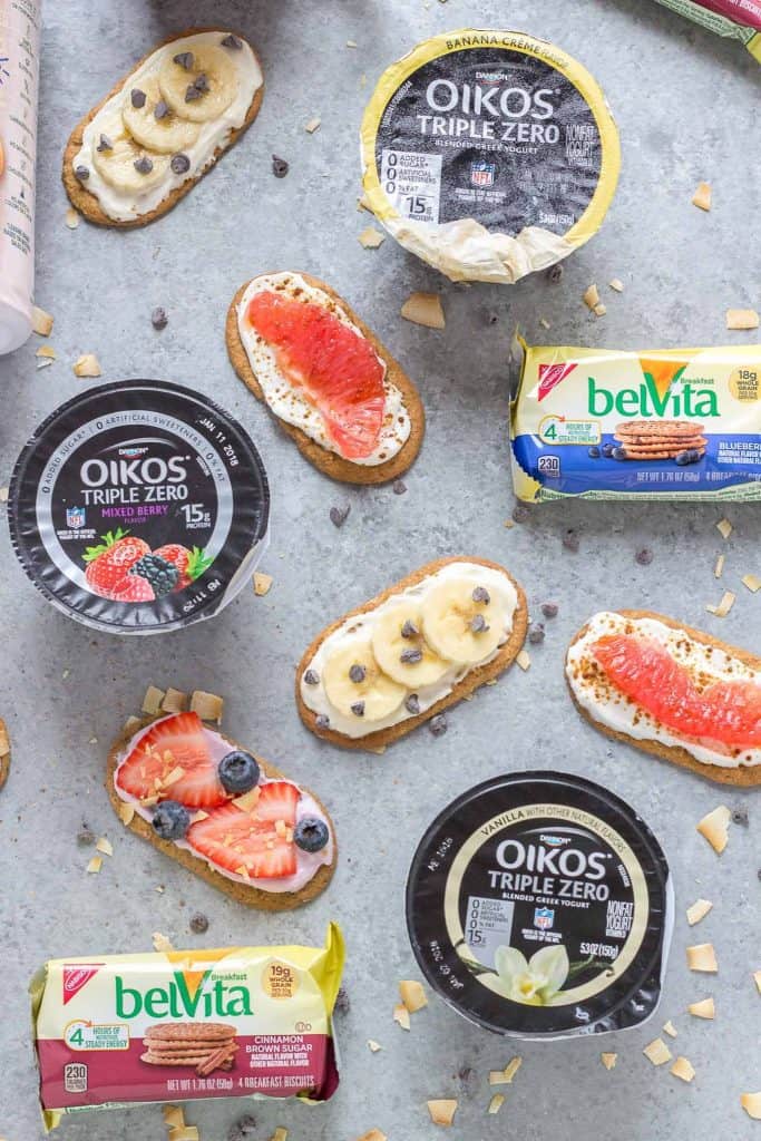 Mini Breakfast Biscuit Pizzas made with belVita Breakfast Biscuits and Dannon Oikos Triple Zero yogurt are exactly what you need to get your morning off on the right foot! | Strawberry Blondie Kitchen