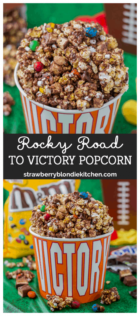 Rocky Road to Victory Popcorn is a game day lovers dream.  Rich chocolate, salty popcorn and bits of candy pieces make this popcorn mix a must have at your next home gate! | Strawberry Blondie Kitchen