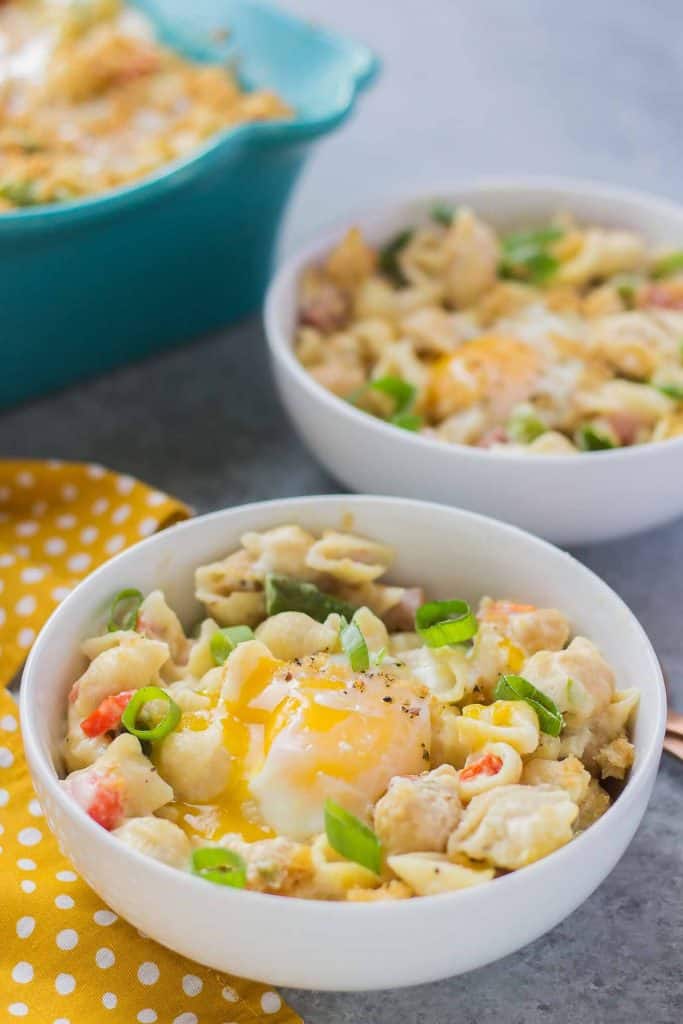 Breakfast Macaroni and Cheese with runny egg