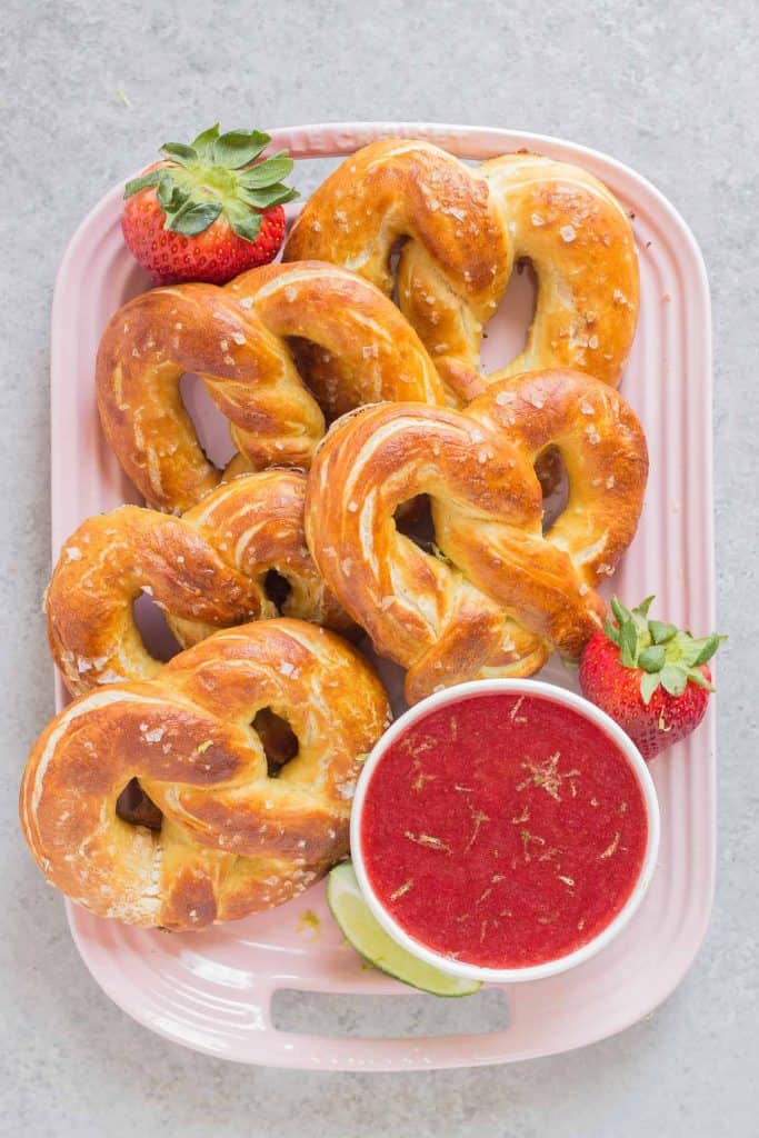 Soft Pretzels with Strawberry Margarita Sauce