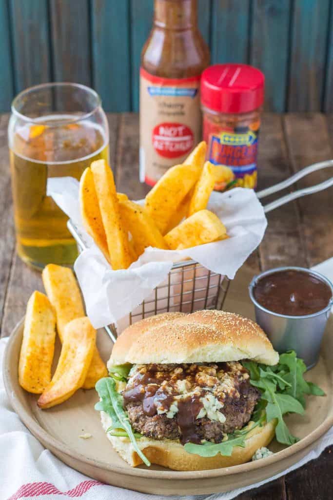 Peppercorn Blue Cheese Burgers with Cherry Ketchup