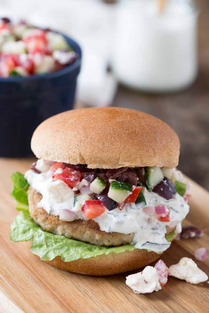 Greek Turkey Burgers with Cucumber Tomato Relish