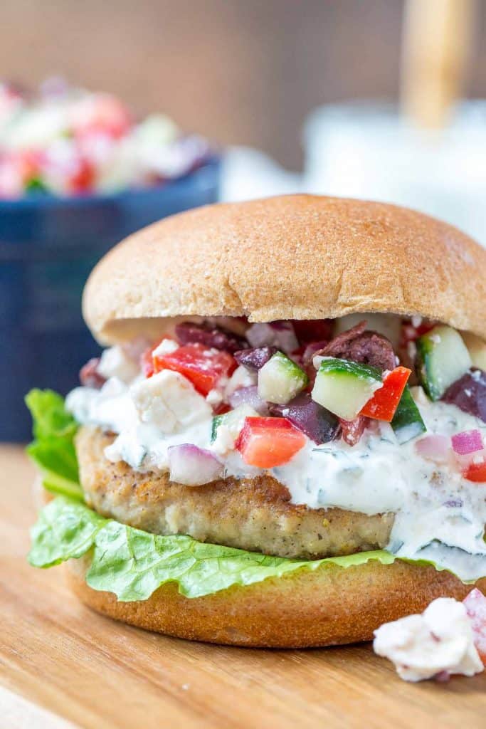 Greek Turkey Burgers with Cucumber Tomato Relish