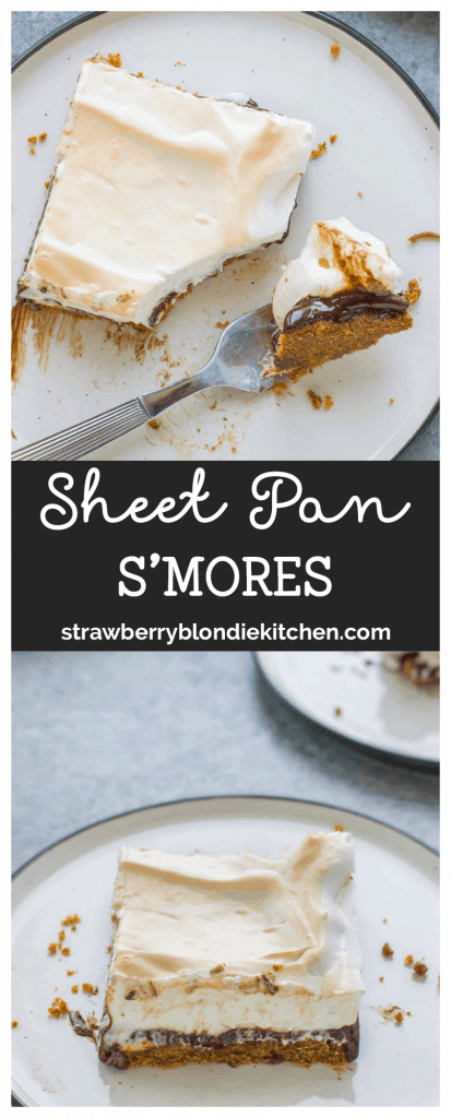 Feed a crowd with these Sheet Pan S'mores! A tasty graham cracker crust, chocolate ganache and a fabulous marshmallow meringue topping make these Sheet Pan S'mores irresistibly delicious! #cookoutweek