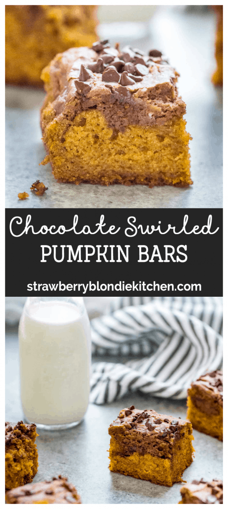 These Chocolate Swirled Pumpkin Bars are lightened up but still remain moist, delicious and bursting with pumpkin and chocolate flavor! 