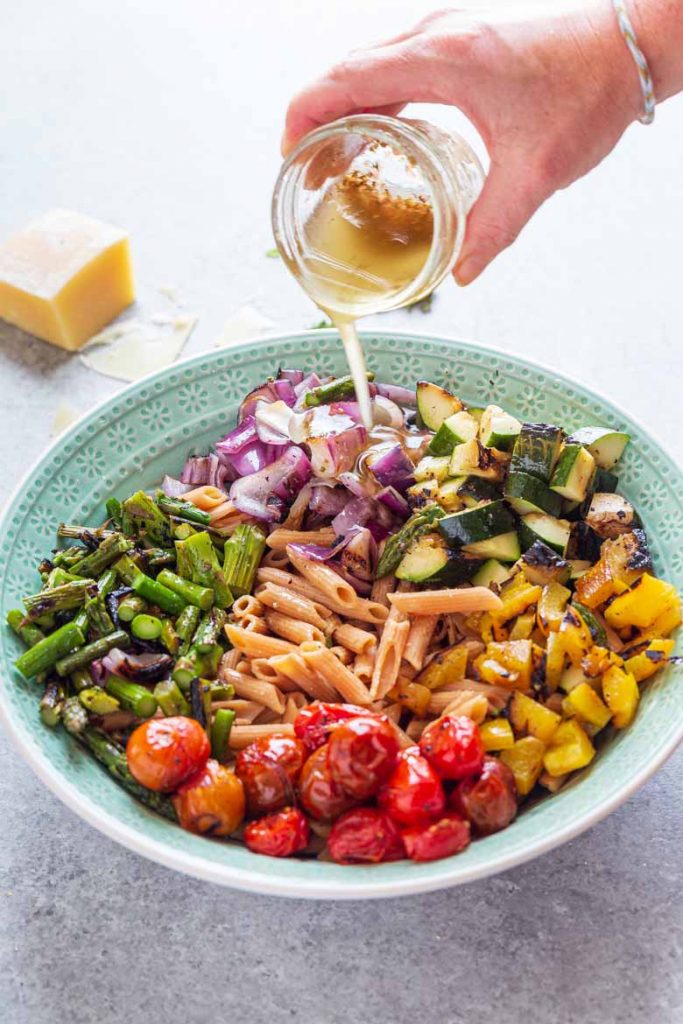 drizzle pasta salad dressing onto grilled vegetables and pasta