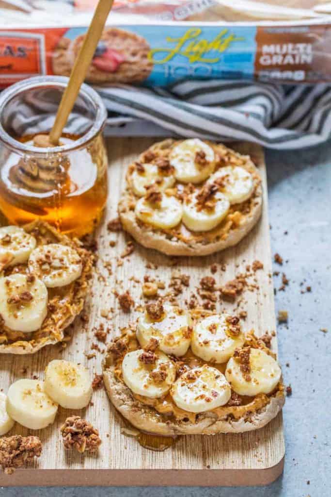 As a parent, I really love these Peanut Butter Banana English Muffins. They’re super simple to make, they’re packed full of delicious and healthier ingredients AND my kids love them! Whether it’s an after-school snack, late night snack or just because, they’re a favorite in this household, both kids and adults alike.