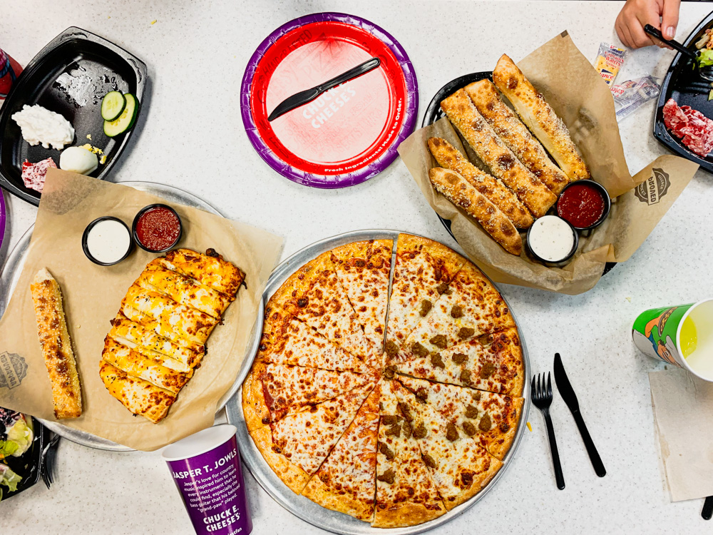 Chuck E. Cheese pizza, breadsticks and salad bar is a delicious meal for the whole family!